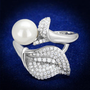 TS329 - Rhodium 925 Sterling Silver Ring with Synthetic Pearl in White - Joyeria Lady