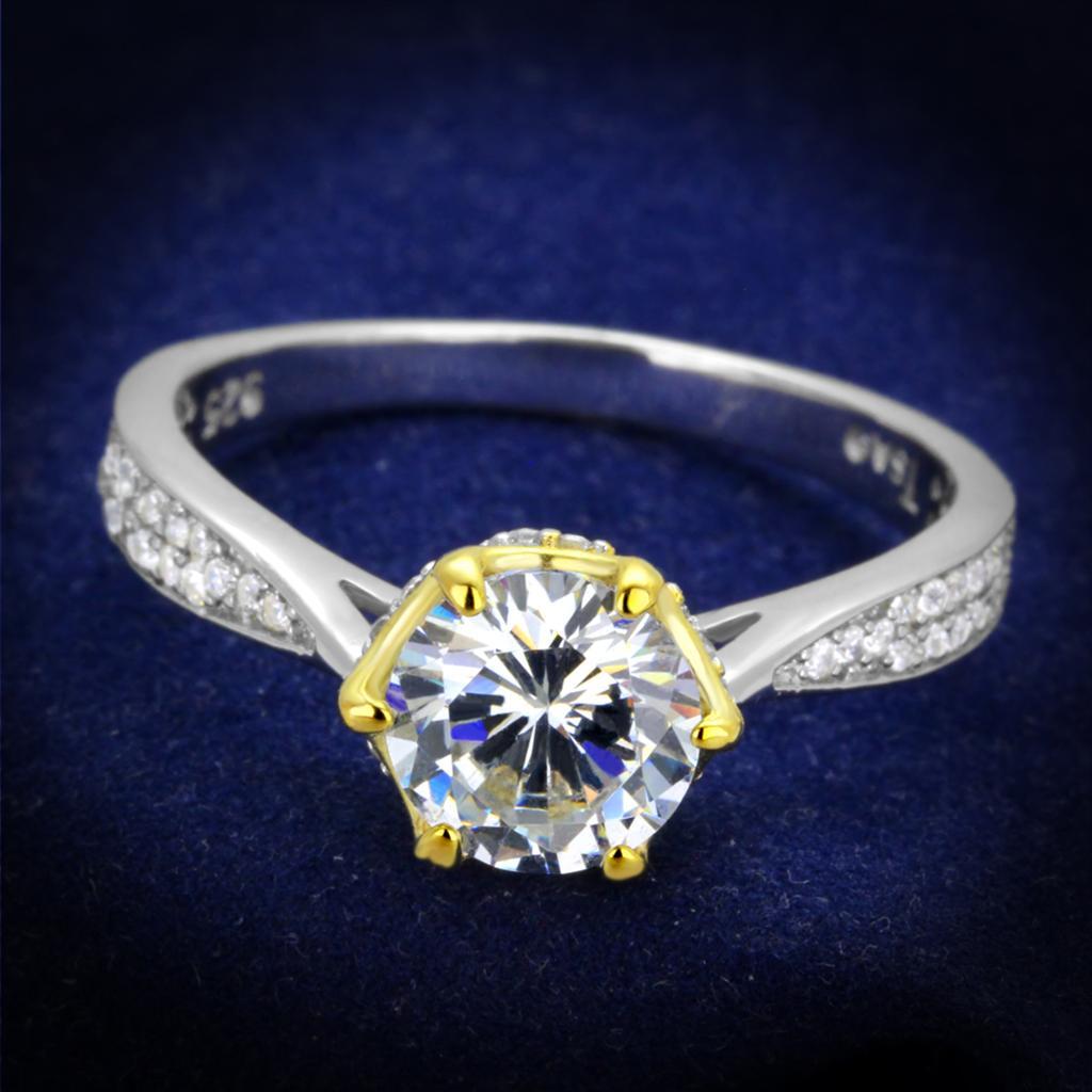 TS340 - Reverse Two-Tone 925 Sterling Silver Ring with AAA Grade CZ  in Clear - Joyeria Lady