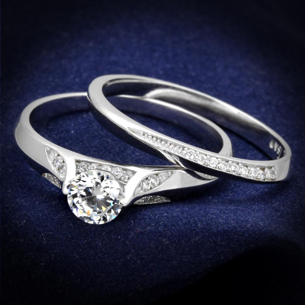 TS348 - Rhodium 925 Sterling Silver Ring with AAA Grade CZ  in Clear - Joyeria Lady