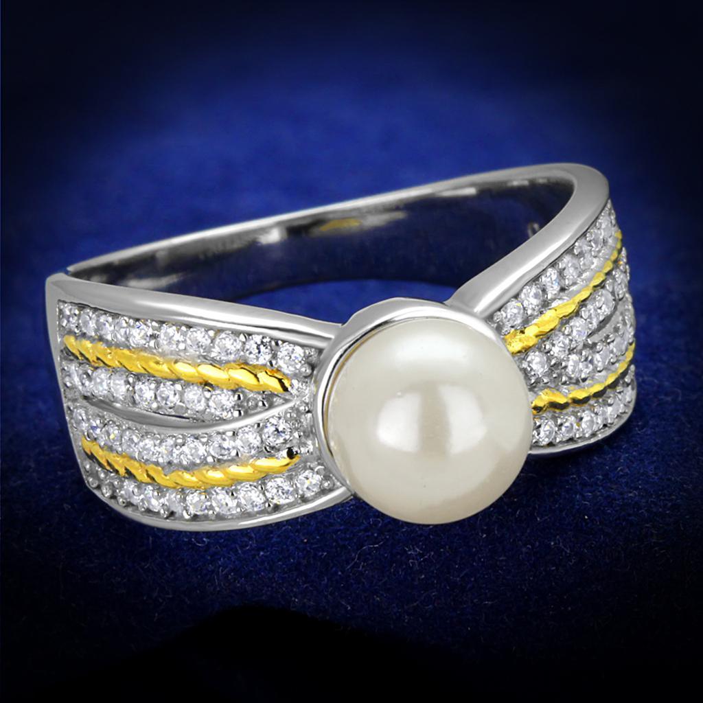 TS377 - Reverse Two-Tone 925 Sterling Silver Ring with Synthetic Pearl in White - Joyeria Lady