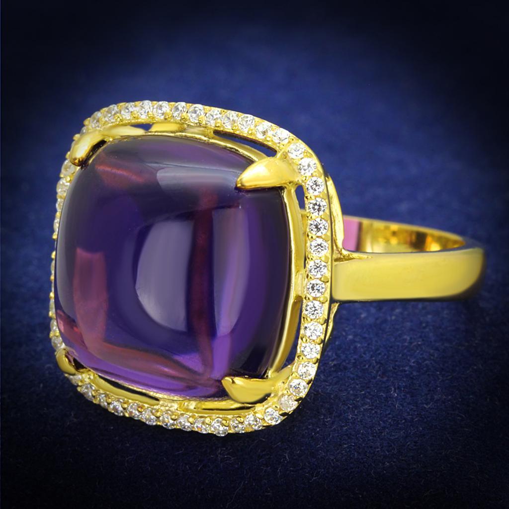 TS392 - Gold 925 Sterling Silver Ring with Synthetic Synthetic Glass in Amethyst - Joyeria Lady