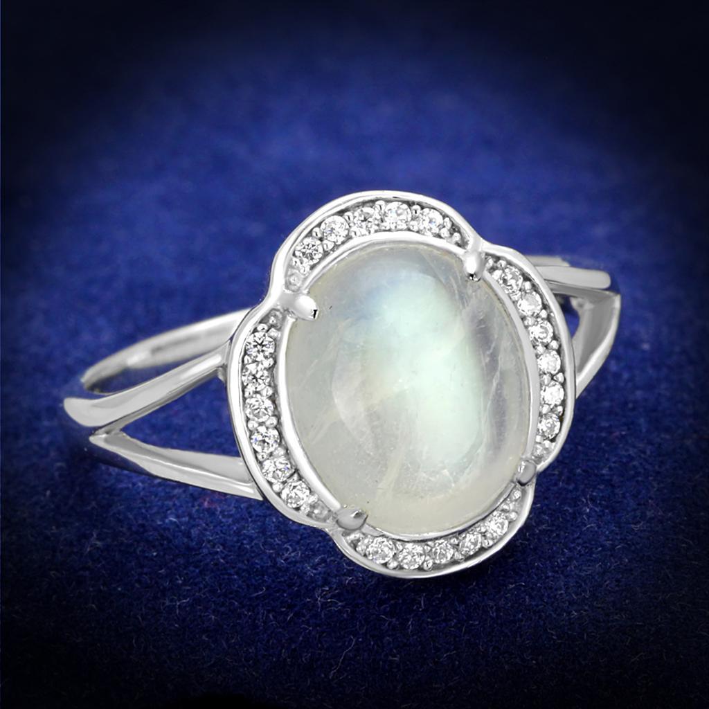 TS393 - Rhodium 925 Sterling Silver Ring with Semi-Precious Moon Stone in Clear - Joyeria Lady
