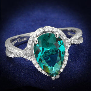 TS394 - Rhodium 925 Sterling Silver Ring with Synthetic Synthetic Glass in Blue Zircon - Joyeria Lady