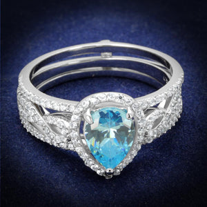 TS453 - Rhodium 925 Sterling Silver Ring with AAA Grade CZ  in Sea Blue - Joyeria Lady