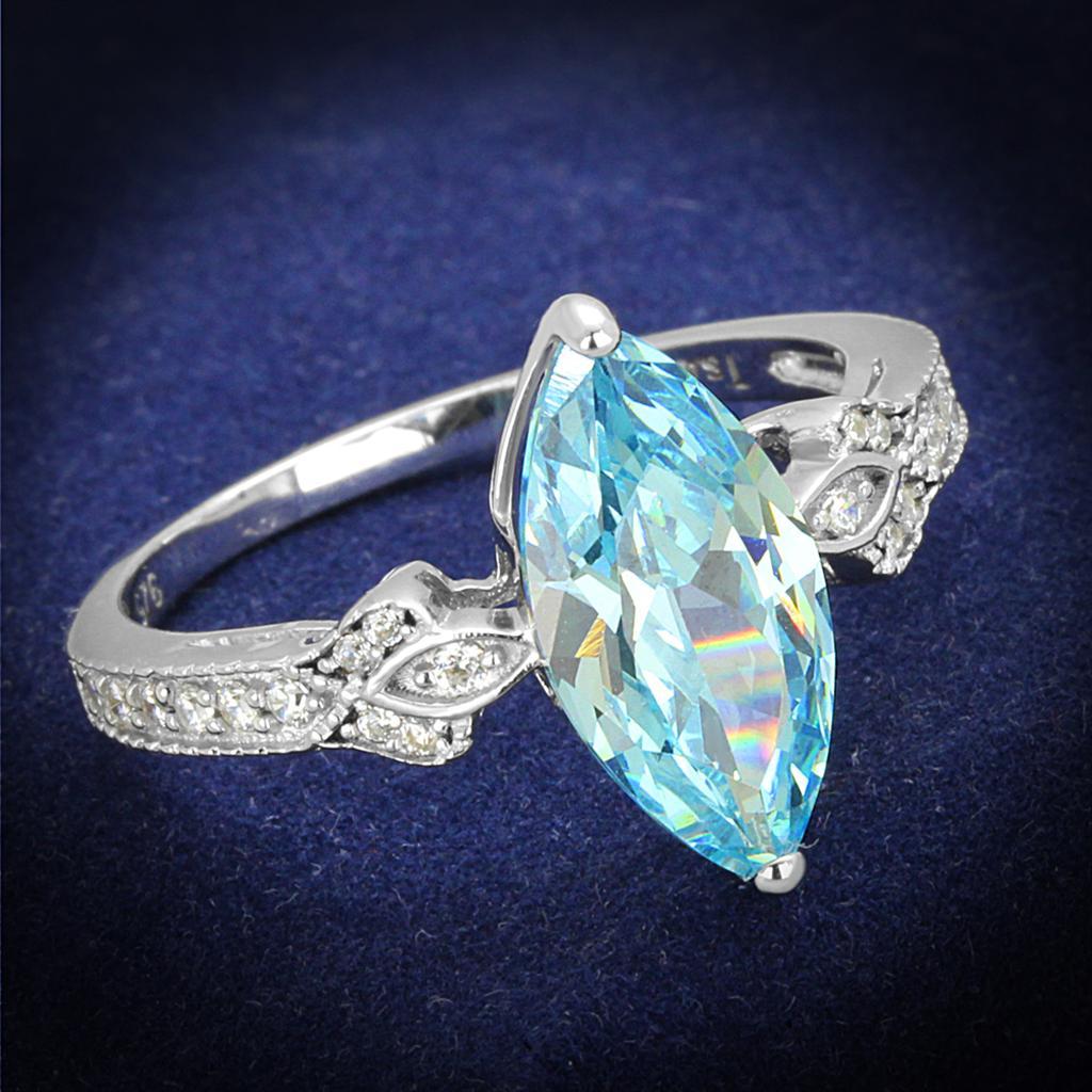 TS502 - Rhodium 925 Sterling Silver Ring with AAA Grade CZ  in Sea Blue - Joyeria Lady