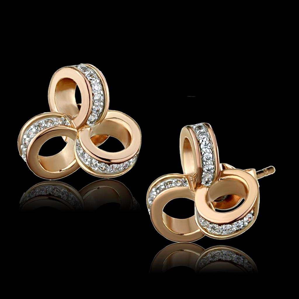 TS513 Rose Gold + Rhodium 925 Sterling Silver Earrings with AAA Grade CZ in Clear - Joyeria Lady