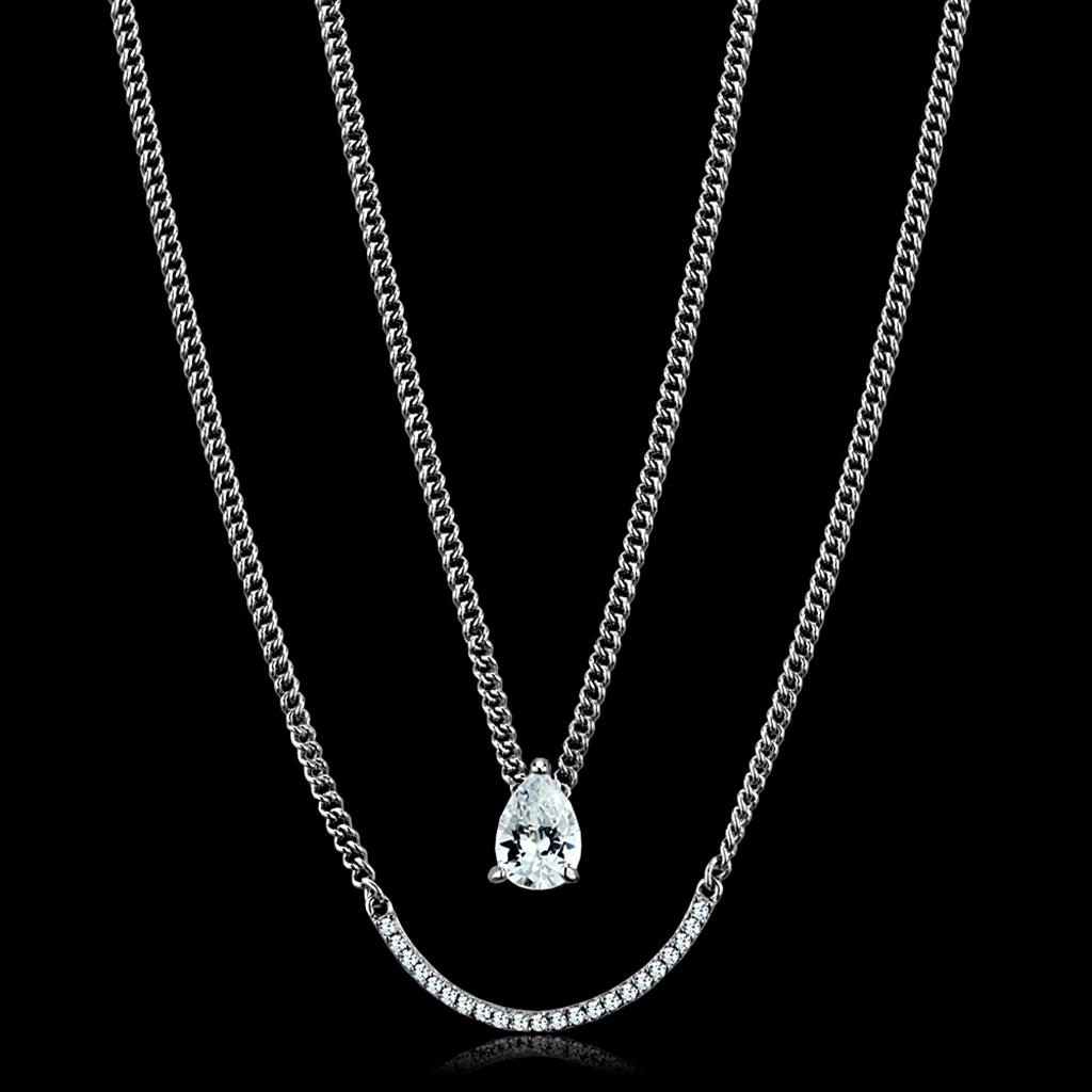 TS514 Rhodium 925 Sterling Silver Necklace with AAA Grade CZ in Clear - Joyeria Lady