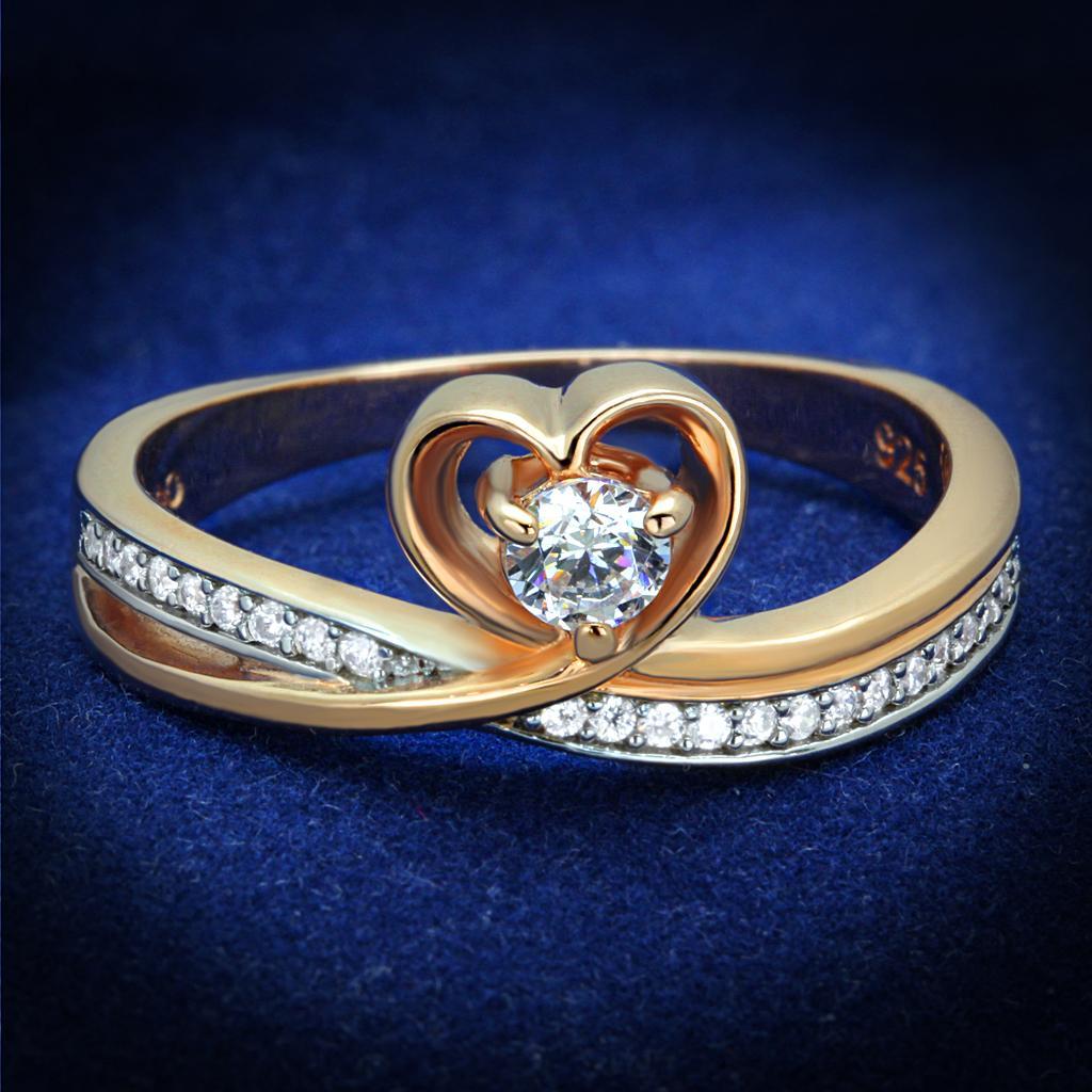 TS544 - Rose Gold + Rhodium 925 Sterling Silver Ring with AAA Grade CZ  in Clear - Joyeria Lady