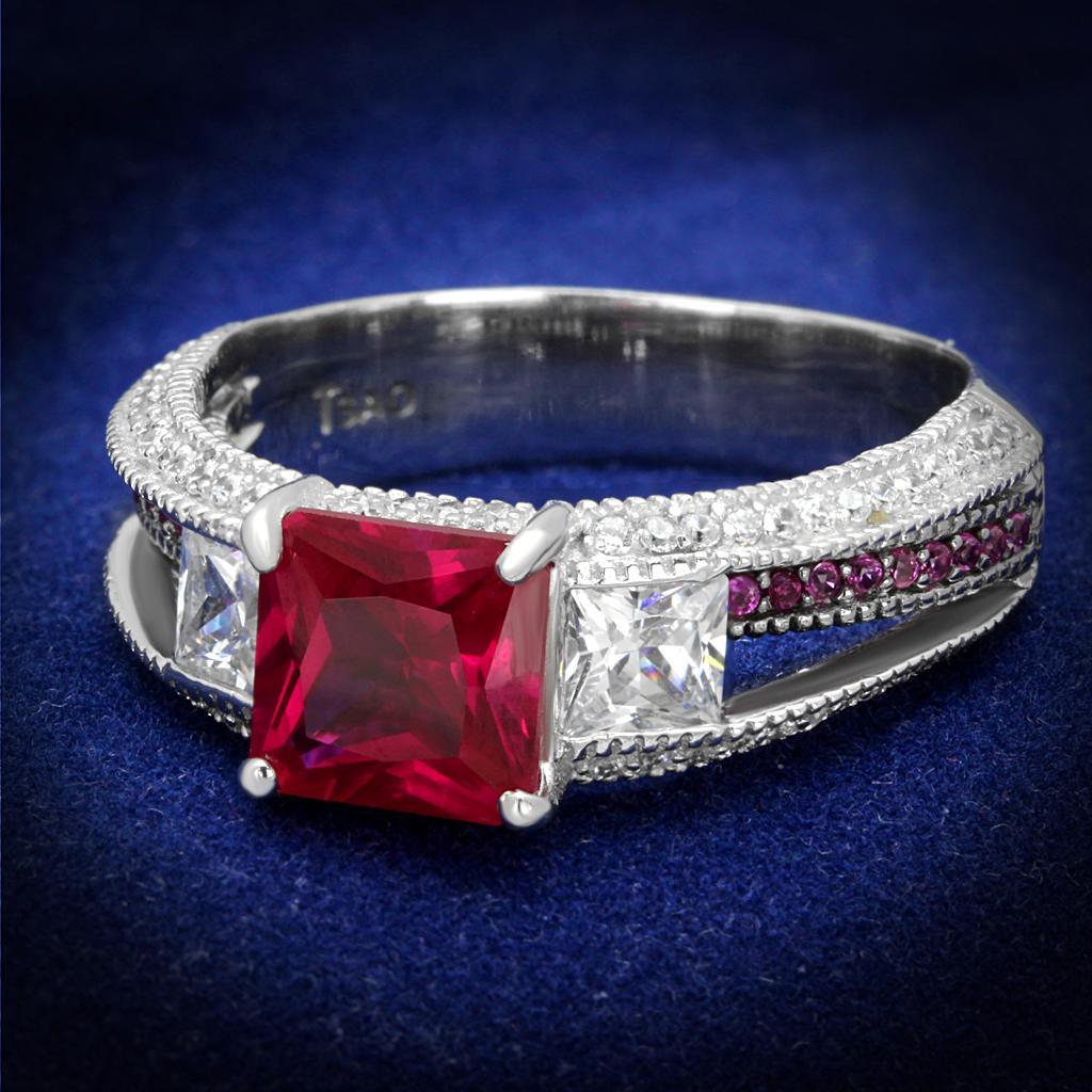 TS545 - Rhodium + Ruthenium 925 Sterling Silver Ring with AAA Grade CZ  in Ruby - Joyeria Lady