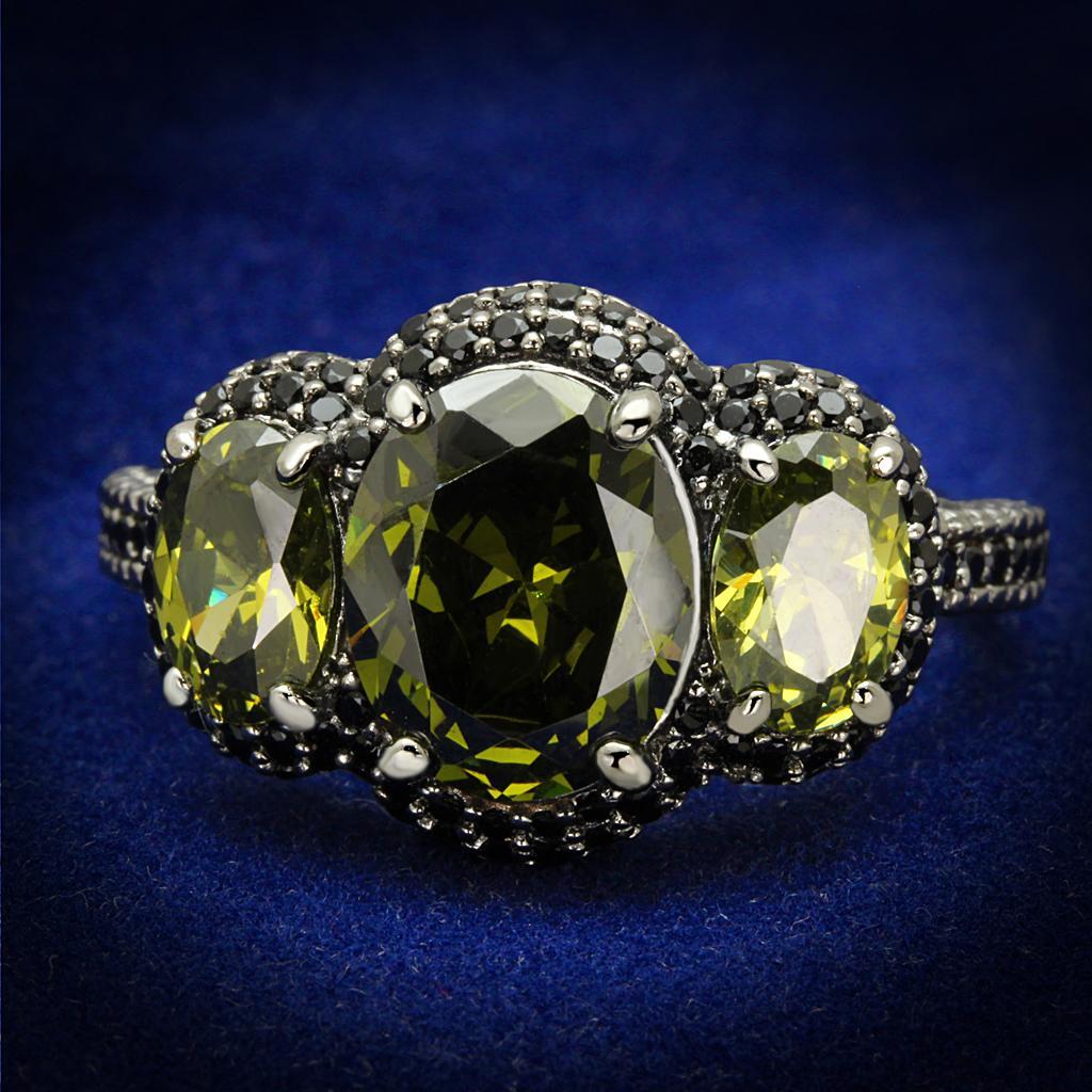 TS547 - Ruthenium 925 Sterling Silver Ring with AAA Grade CZ  in Olivine color - Joyeria Lady