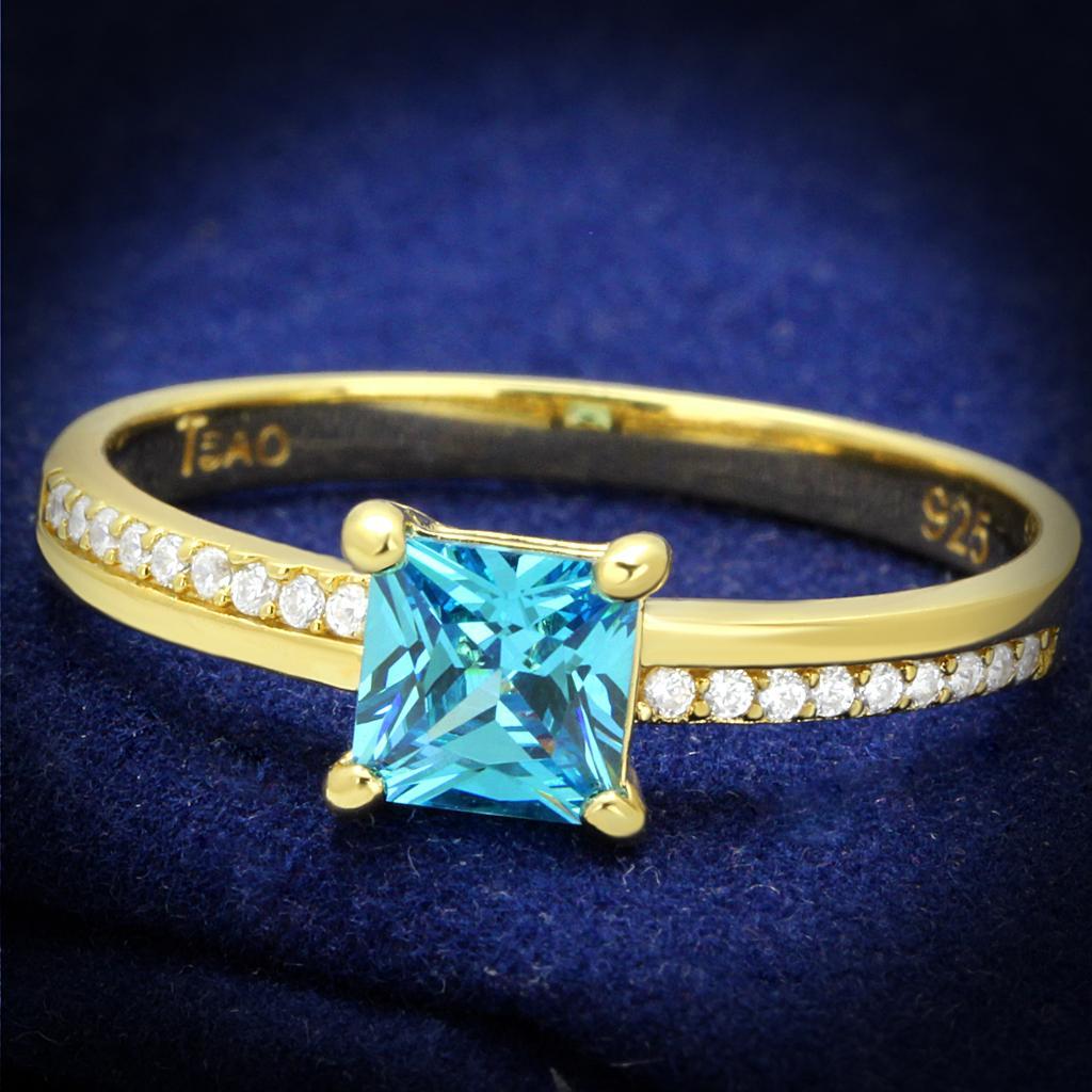 TS559 - Gold 925 Sterling Silver Ring with AAA Grade CZ  in Sea Blue - Joyeria Lady