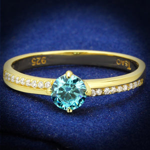 TS561 - Gold 925 Sterling Silver Ring with AAA Grade CZ  in Sea Blue - Joyeria Lady