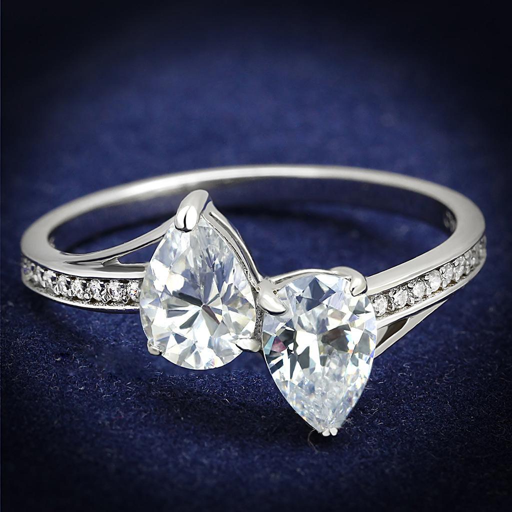 TS578 - Rhodium 925 Sterling Silver Ring with AAA Grade CZ  in Clear - Joyeria Lady