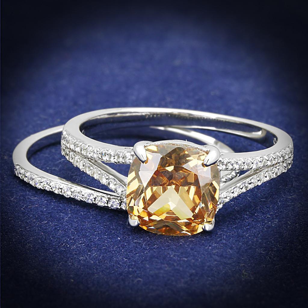 TS604 - Rhodium 925 Sterling Silver Ring with AAA Grade CZ  in Champagne - Joyeria Lady