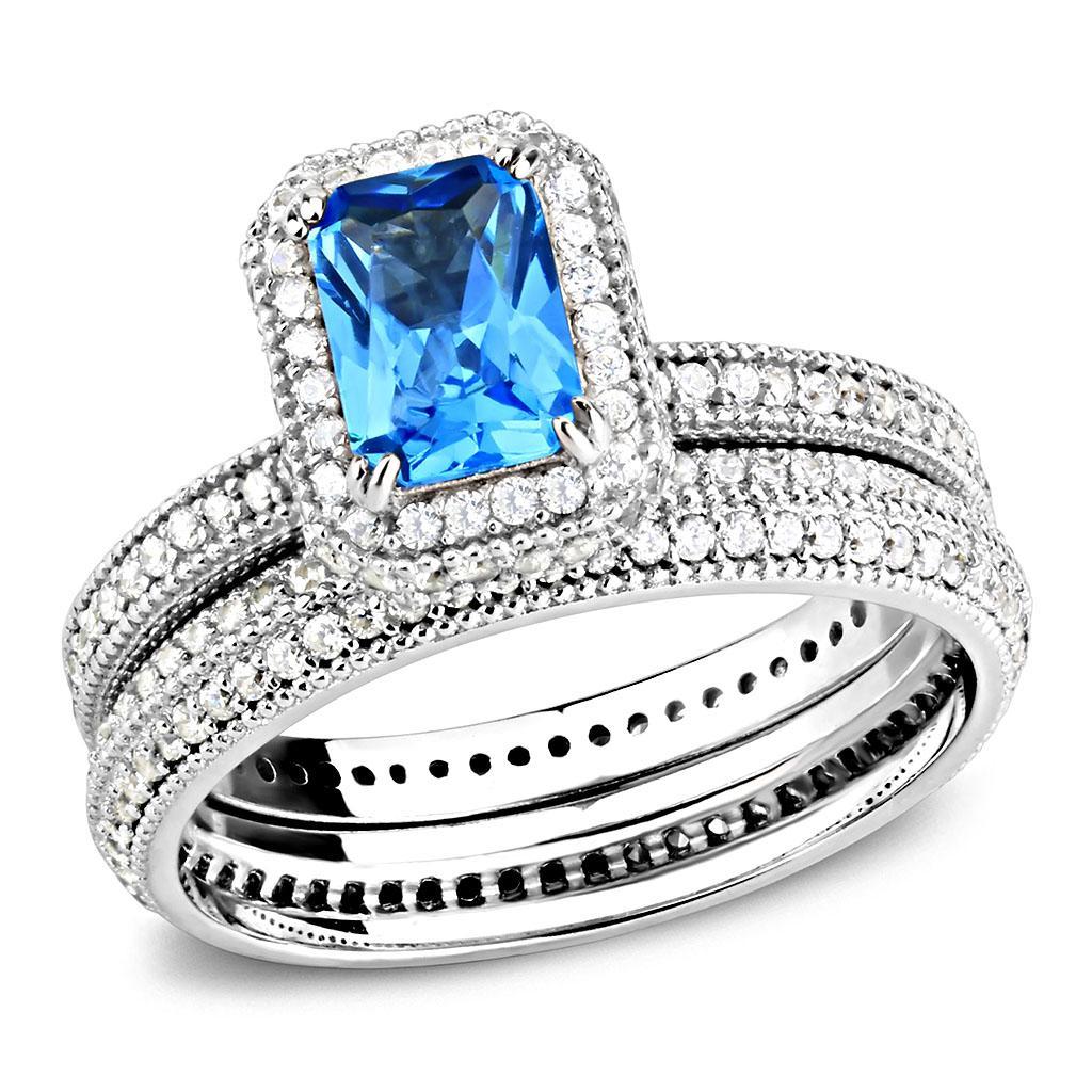 TS615 - Rhodium 925 Sterling Silver Ring with Synthetic Synthetic Glass in Sea Blue - Joyeria Lady