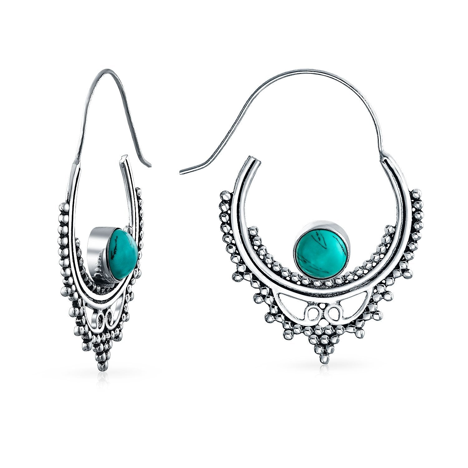 Bali Style Boho Hoop Earrings Reconstituted Turquoise Silver Plated - Joyeria Lady