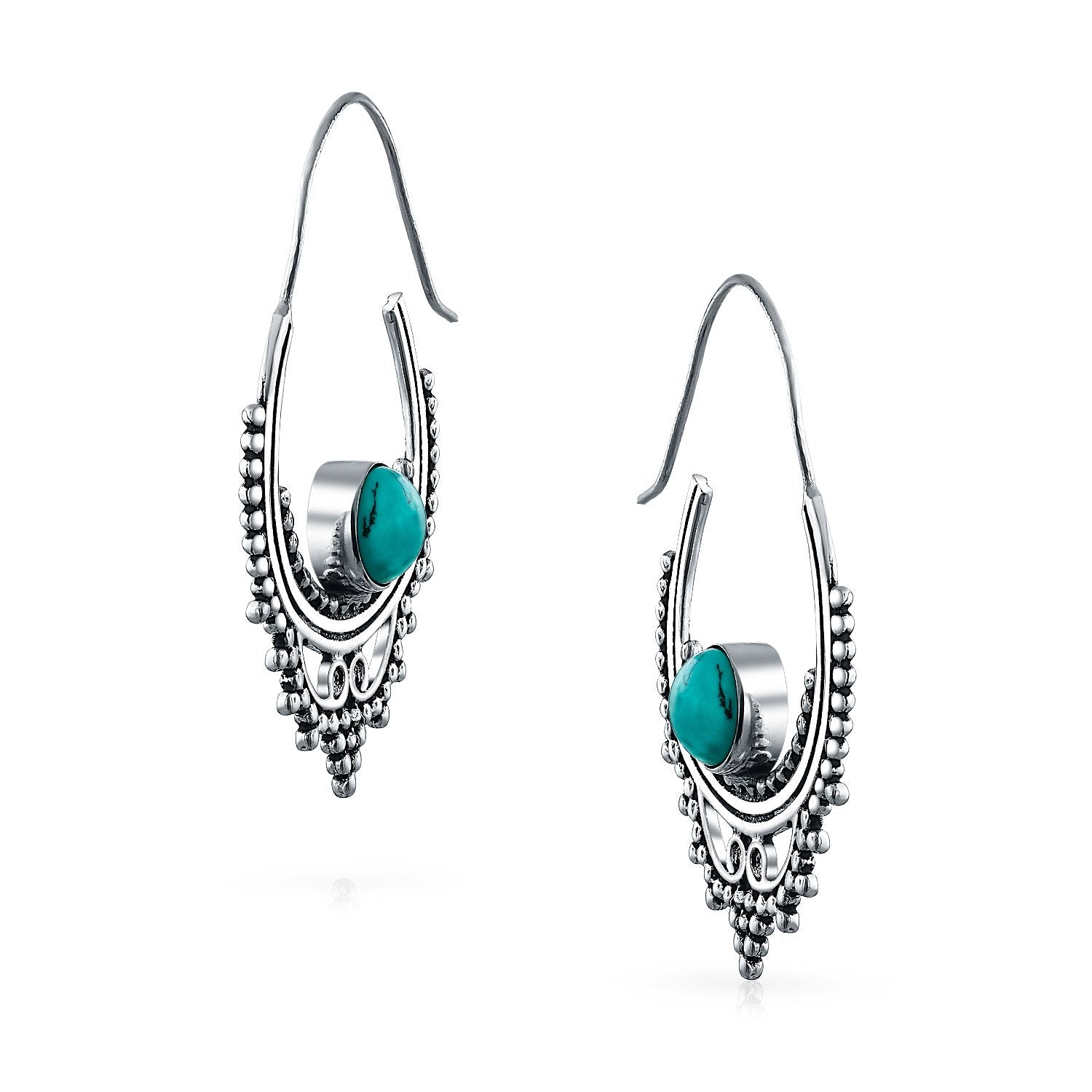 Bali Style Boho Hoop Earrings Reconstituted Turquoise Silver Plated - Joyeria Lady