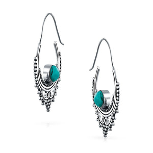 Bali Style Boho Hoop Earrings Reconstituted Turquoise Silver Plated