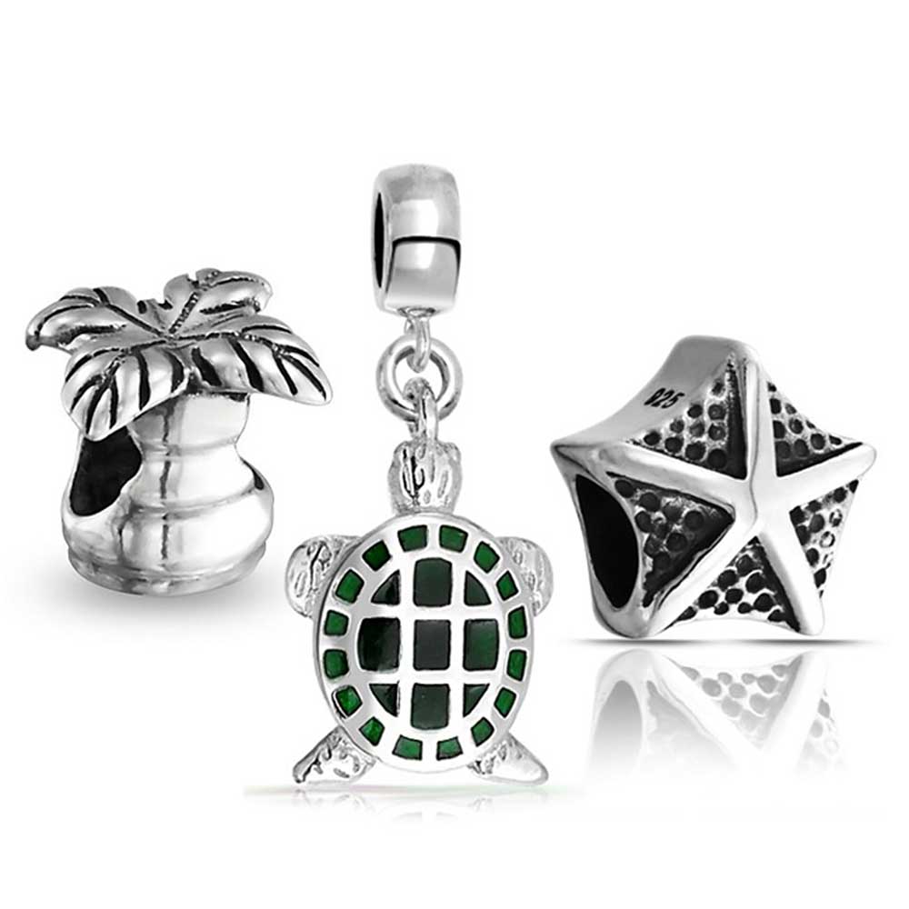 Turtle Starfish Tree Mix Set of 3 Sterling Silver Dangle Bead Charm - Joyeria Lady