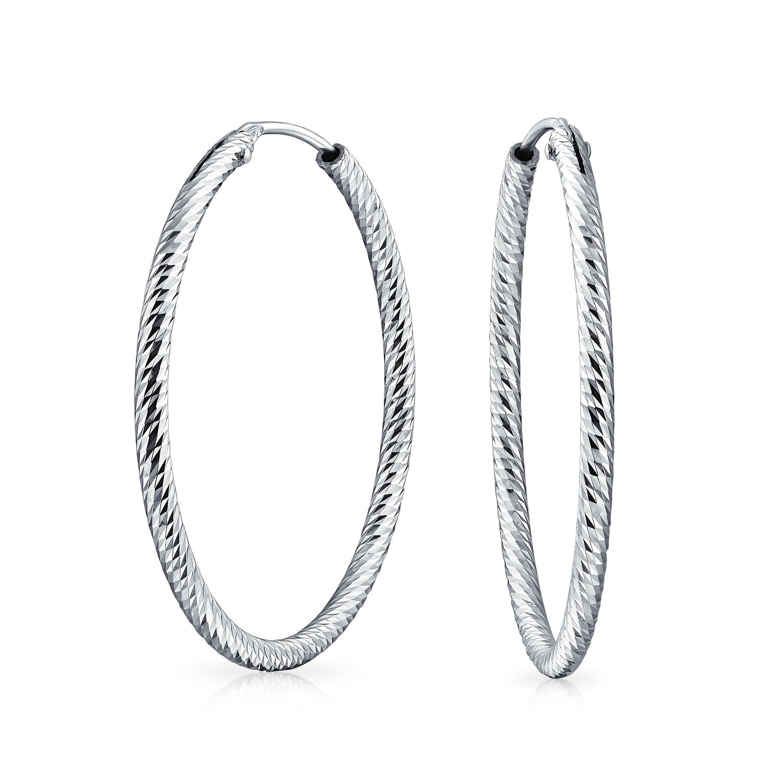 Diamond Cut Twist Round Endless Tube Hoop Earrings Sterling Silver - Joyeria Lady