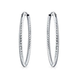 Diamond Cut Twist Round Endless Tube Hoop Earrings Sterling Silver
