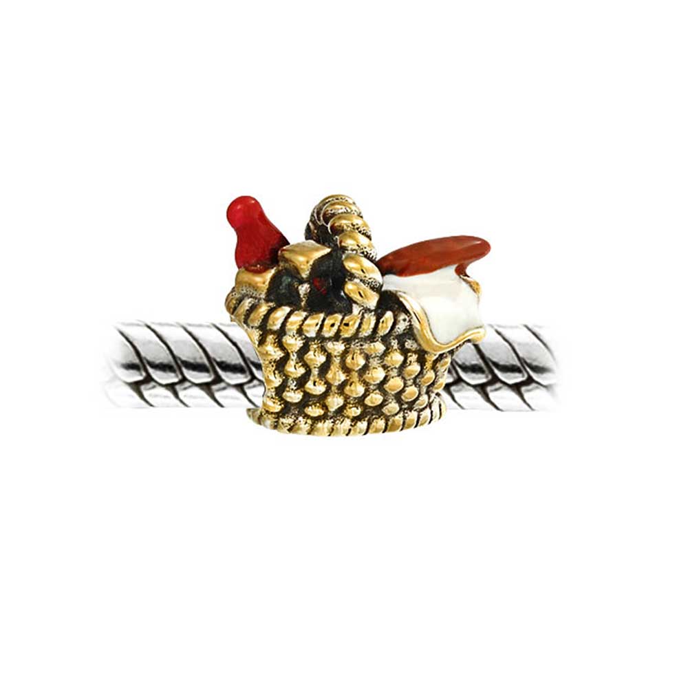 Red Picnic Basket Park Charm Bead Gold Plated Sterling Silver - Joyeria Lady
