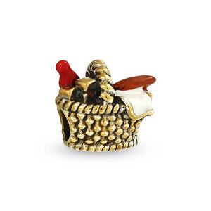 Red Picnic Basket Park Charm Bead Gold Plated Sterling Silver - Joyeria Lady