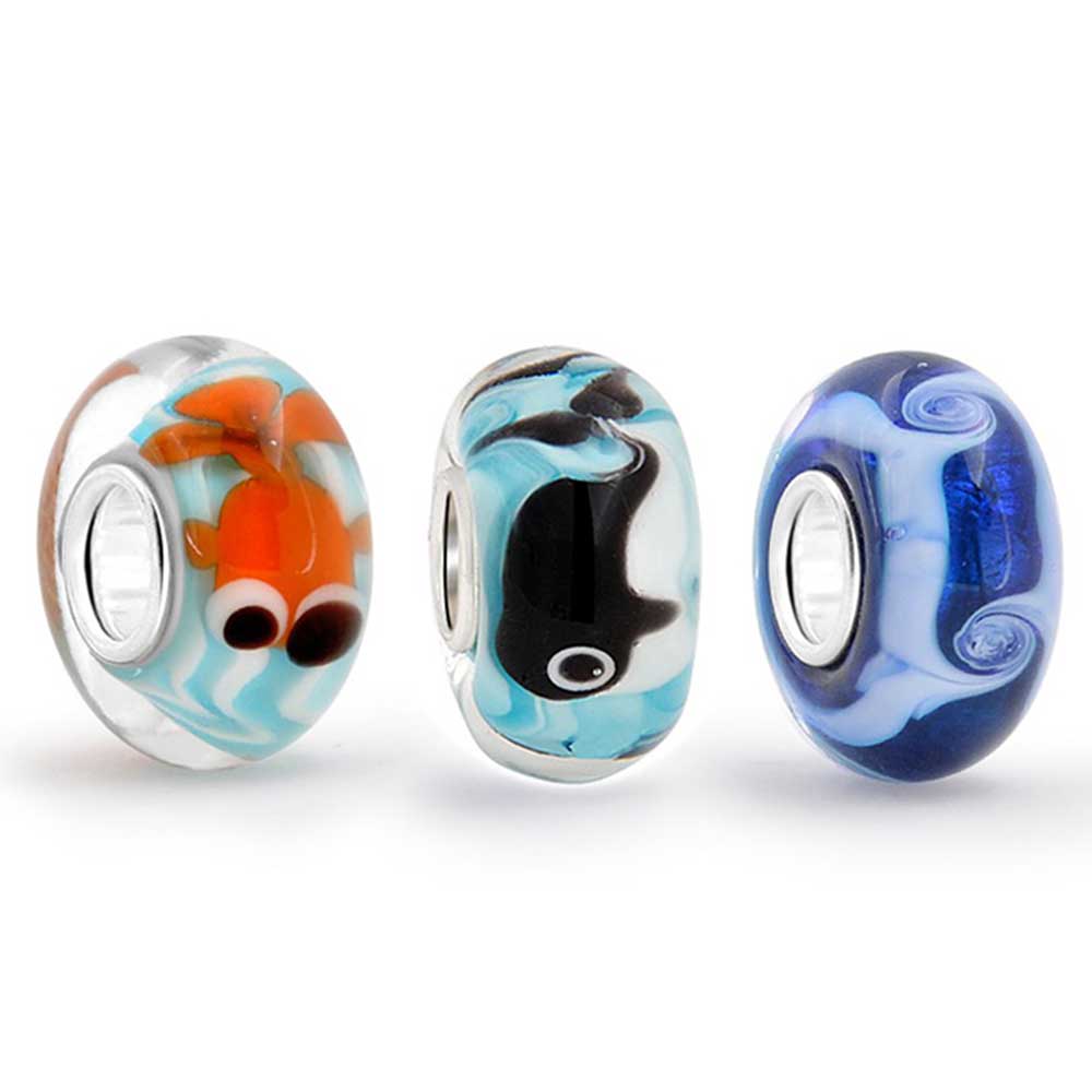 Wave Fish Whale Murano Glass Bead Charm Bundle Set 925 Sterling Silver - Joyeria Lady