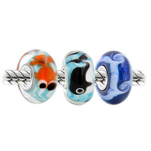 Wave Fish Whale Murano Glass Bead Charm Bundle Set 925 Sterling Silver