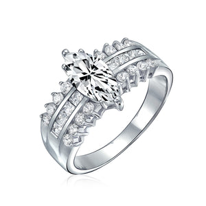 2CT 3 Row Sterling Silver AAA CZ Solitaire Marquise Engagement Ring