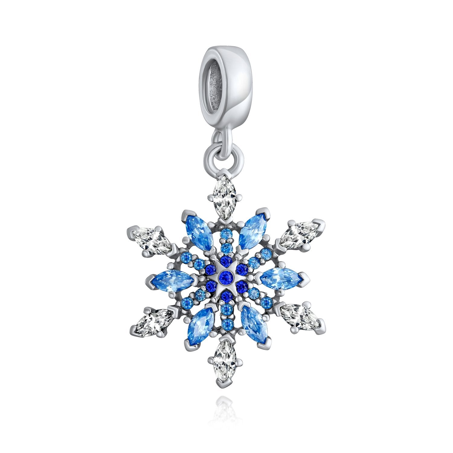 Winter Snowflake Blue CZ Dangle Bead Charm 925 Sterling Silver - Joyeria Lady