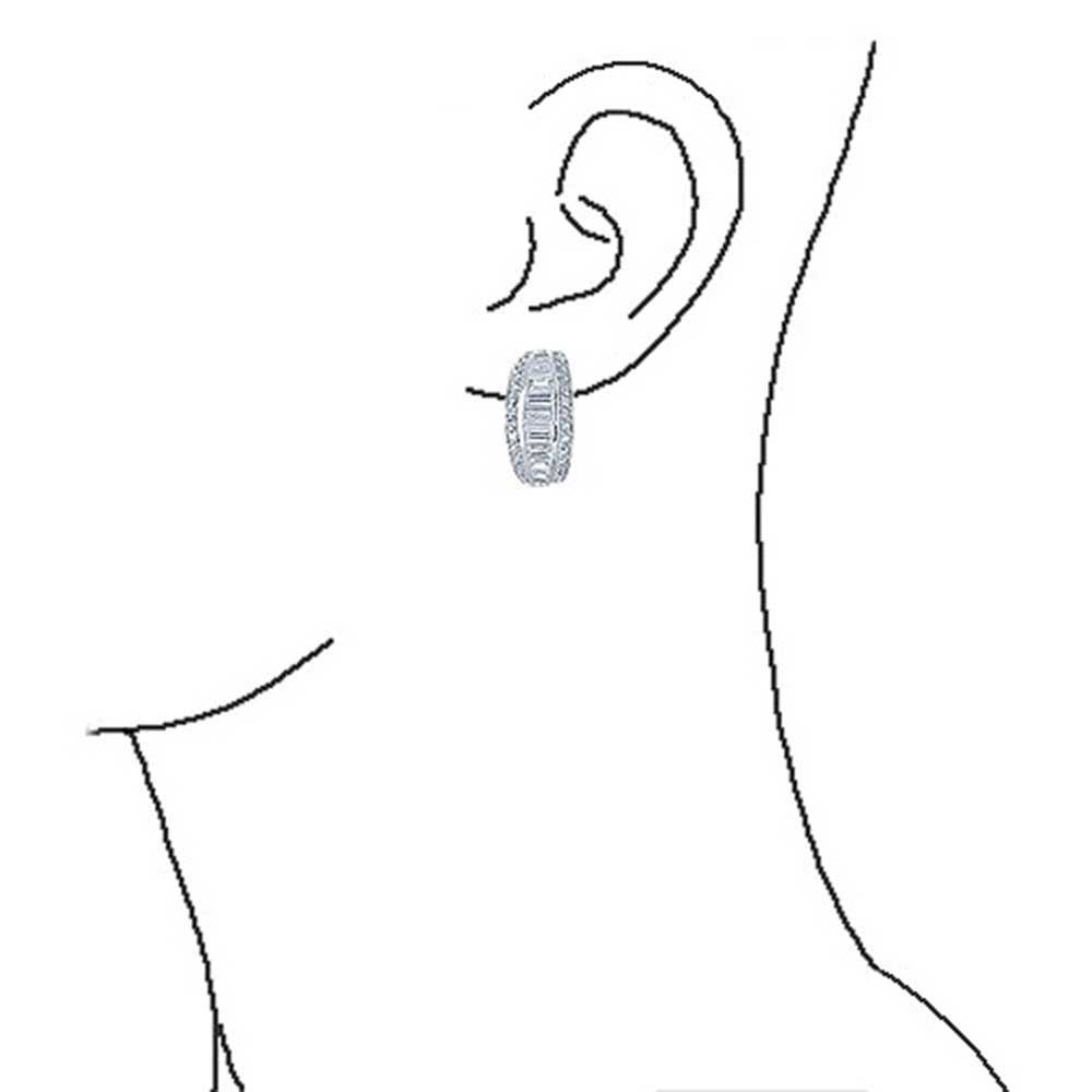 Bridal Baguette CZ Half Hoop Earrings Omega Back Clip Silver Plated - Joyeria Lady