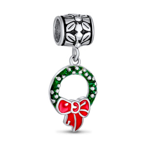 Holiday Christmas Green Wreath Red Bow Dangle Charm Bead 925 Sterling - Joyeria Lady