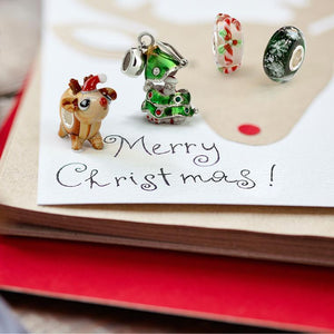 Santa Hat Rudolph Reindeer 3D Murano Glass Bead Charm Sterling Silver