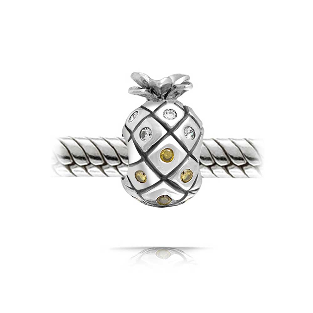 Tropical Pineapple Fruit Golden CZ Travel Charm Bead Sterling Silver - Joyeria Lady