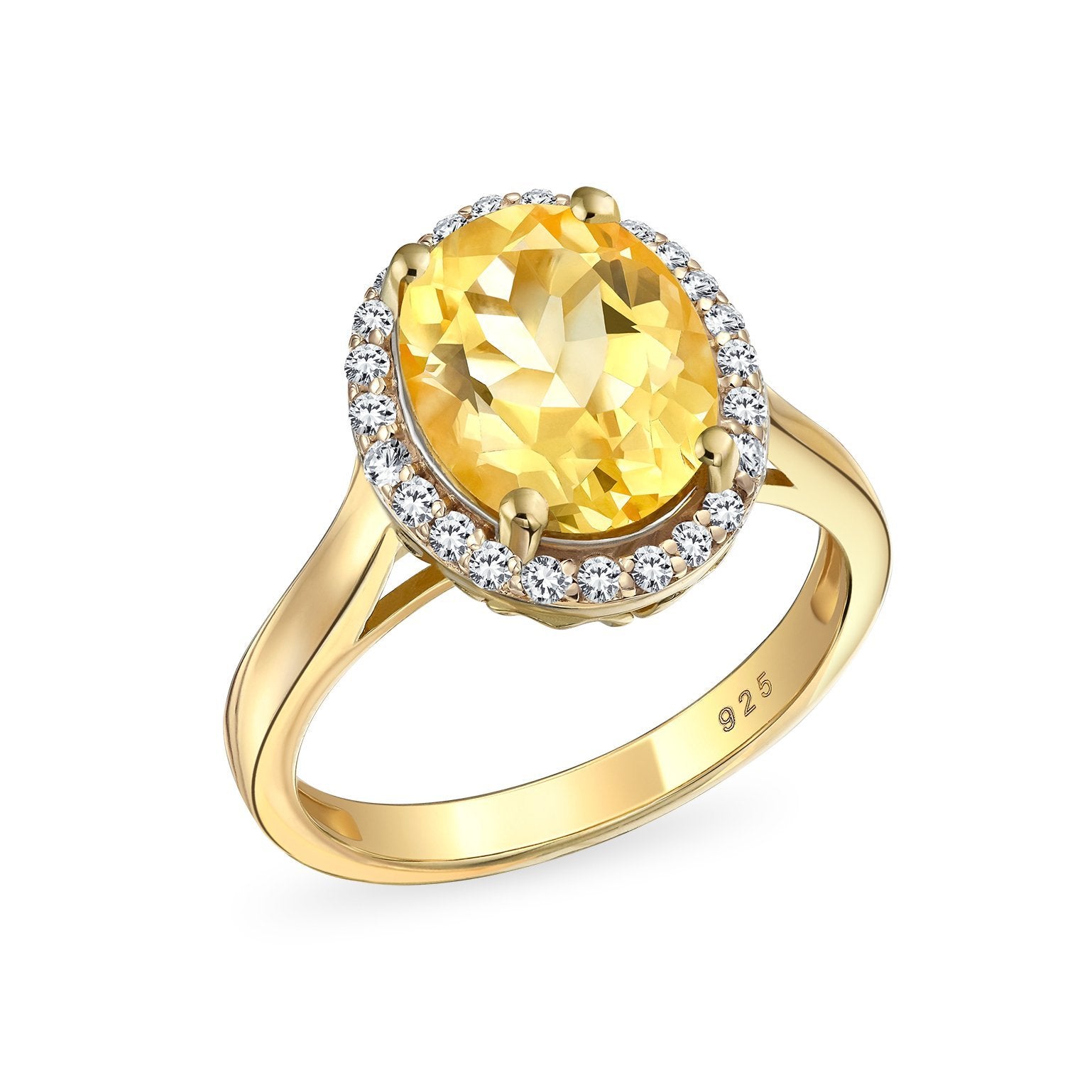 3CT Gemstone Yellow Citrine Zircon Halo Ring Gold Plated Silver - Joyeria Lady